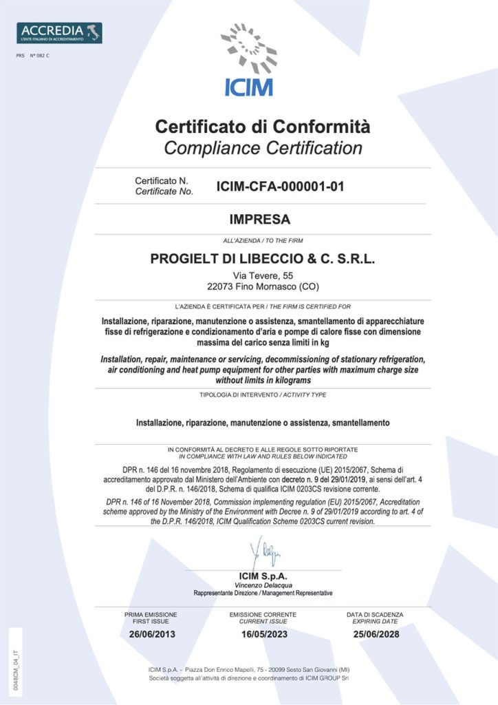 Certificato di conformità ICIM numero ICIM-CFA-000001-01